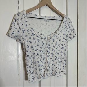 Hollister Button Front Baby Tee Crop Top White Blue